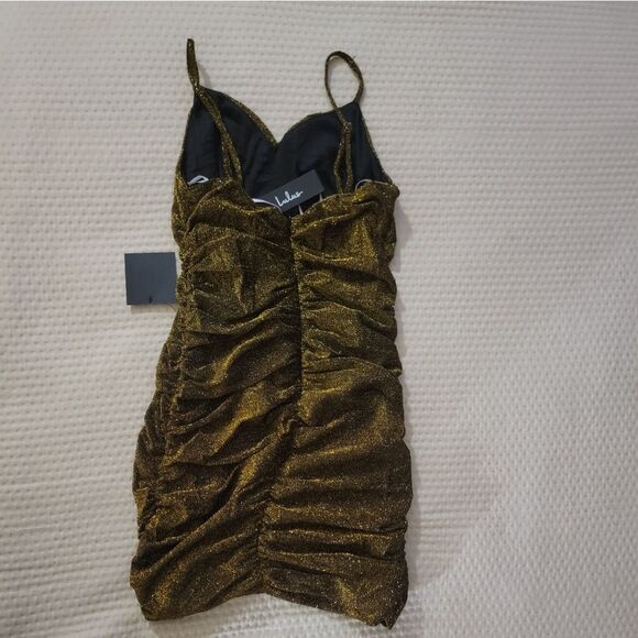 🆕️👗Lulus Gold Metallic  Ruched Bodycon Mini Dress, Sz Small - Picture 8 of 9
